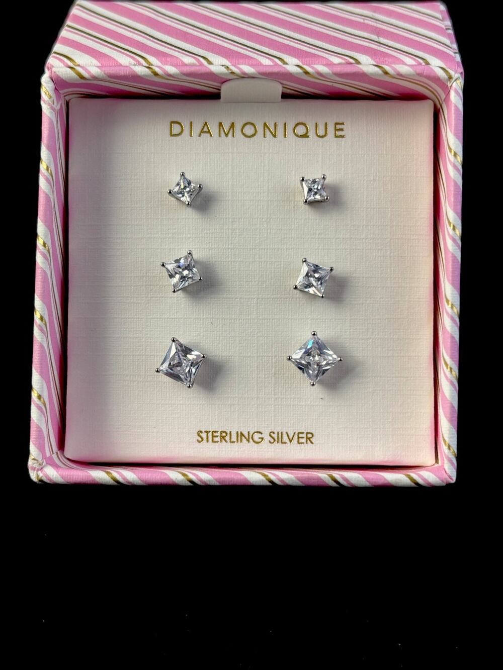 Diamonique Sterling Silver 3 Pairs Princess Cut Stud earrings New in GIFT Box